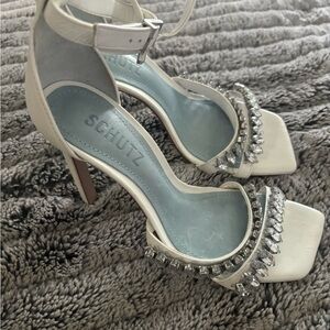 SCHUTZ White and Silver Embellished Heels